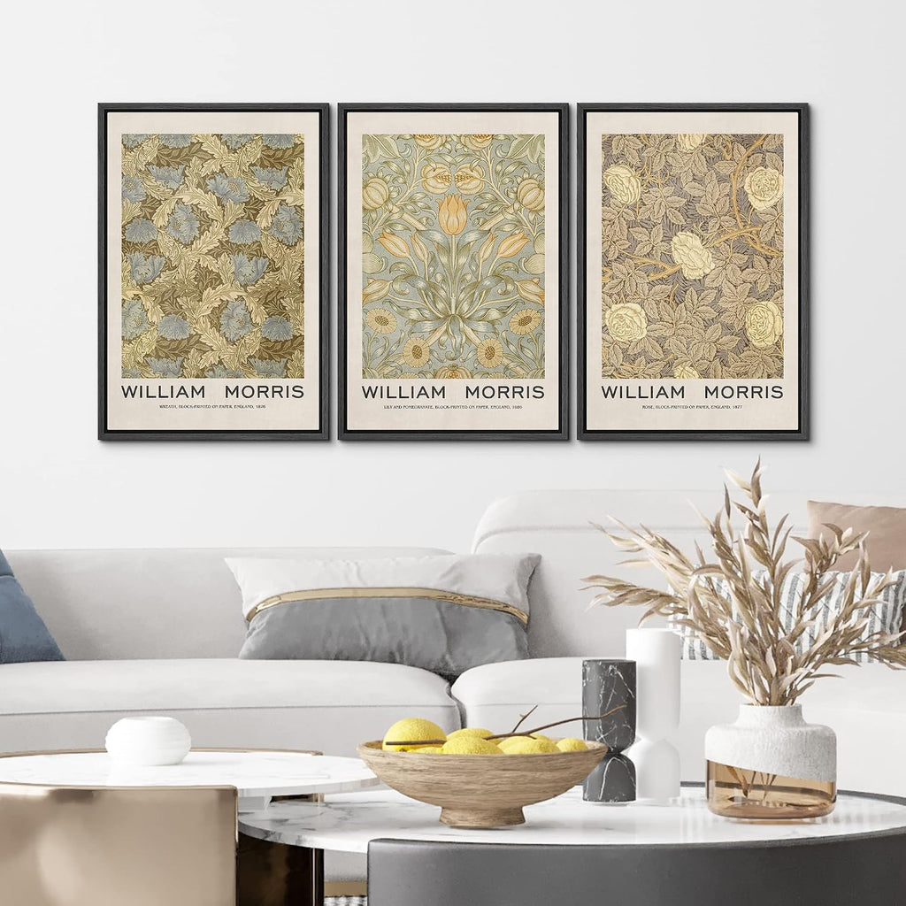 MUDECOR Framed Canvas Print Wall Art Set William Morris Floral Tapestry Pattern Nature Wilderness Wilderness Illustration Modern Art Decorative Realism Rustic Vintage for Bedroom - 16'x24'x3 Black
