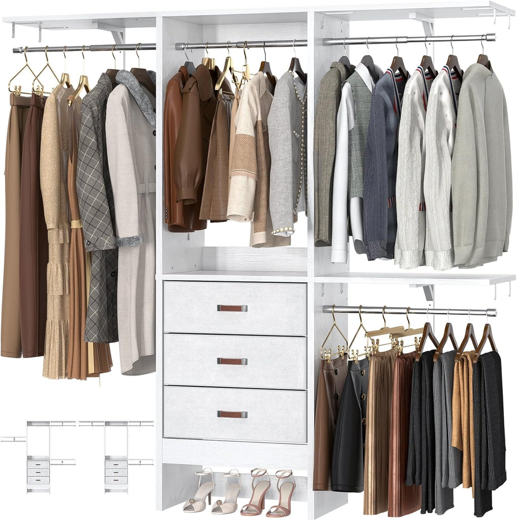 Armocity 5FT Small Closet System with 3 Fabric Drawers, 60 Inches Walk In Closet Organizer System With 3 Adjustable Shelves, Heavy Duty Clothes Rack Built-In Garment Rack, 59' L x 16' W x 71' H, White