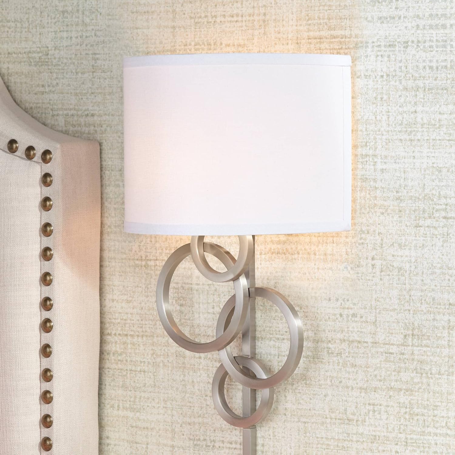 Possini Euro Design Circles Modern Wall Light Sconces Set of 2 Brushed Nickel Silver Metal Plug-in 12' Fixture Off-White Cotton Half Shade for Bedroom Bathroom Vanity Living Room Home Hallway House