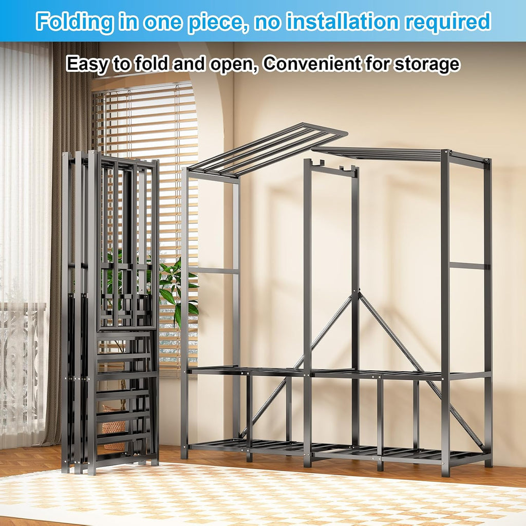 Foldable Heavy Duty Portable Closet with Cover, Freestanding Storage Garment Rack for Bedroom, Clothes Rack for Hanging Clothes Armoire Wardrobe Closet System, 66.1x67.7x20.5 Inch,Black Grey