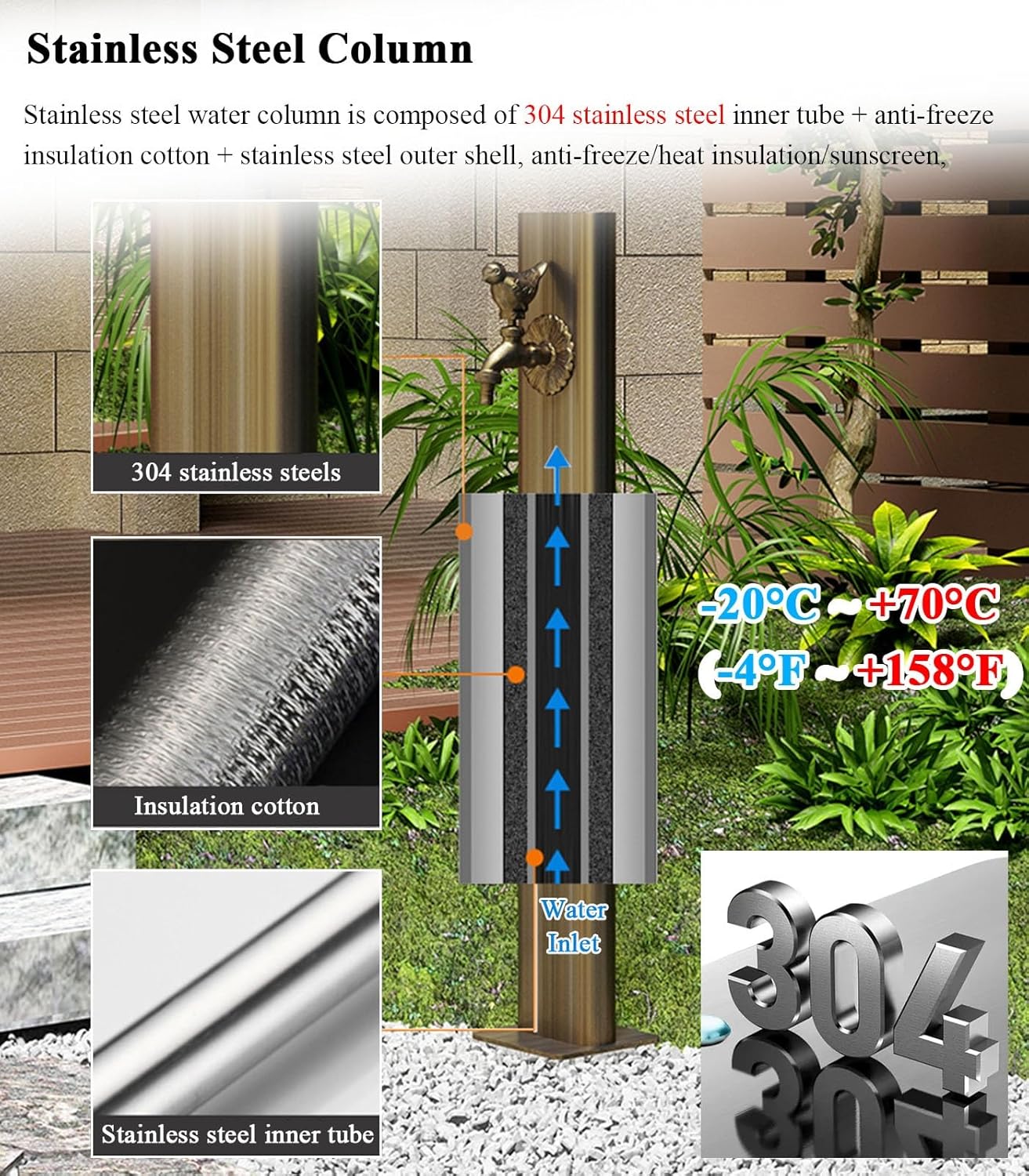 Floor Mounted Faucet Outdoor Water Pipe Vertical Fountain Irrigation Column,Garden Water Column with Faucet Winter Anti Freeze Spray Gun Hose Holder Birds Taps and Stainless Steel Pillar for