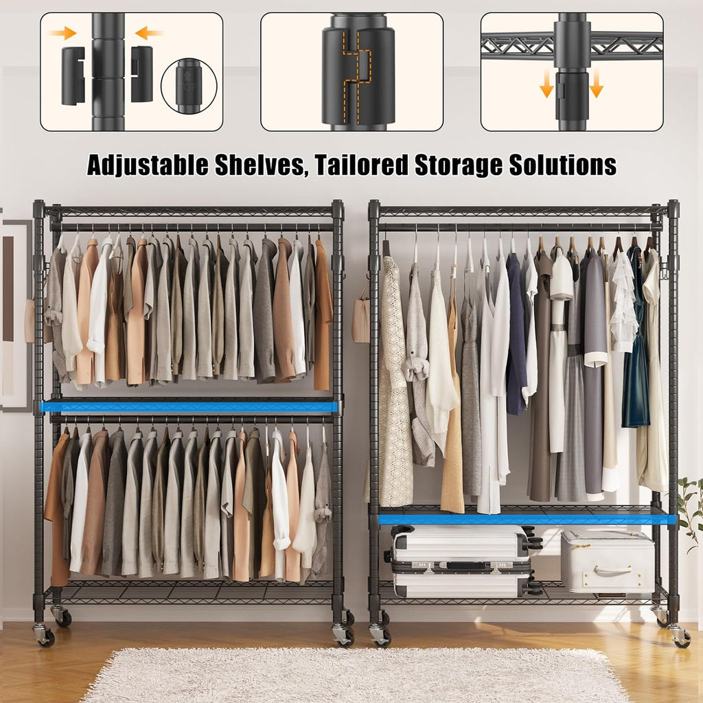 BATHWA Heavy Duty Rolling Clothes Rack with Wheels, 640 lb Hanger Rack & Garment Rack, 25mm Metal Freestanding Portable Closet, 2 Rods + Adjustable Shelves for Hanging Clothes