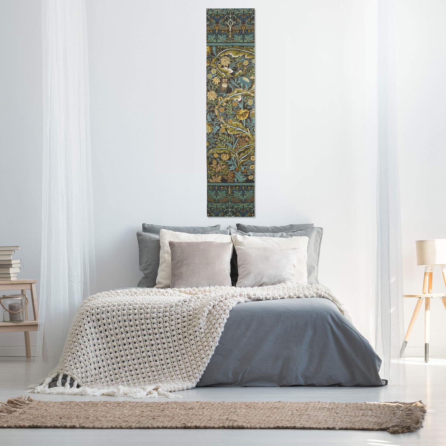 In the Blue Wood I by William Morris | Arts and Crafts Style Woven Tapestry Wall Art Hanging | Lush Blue and Gold Nature Pattern | 100% Cotton USA Size 70x16
