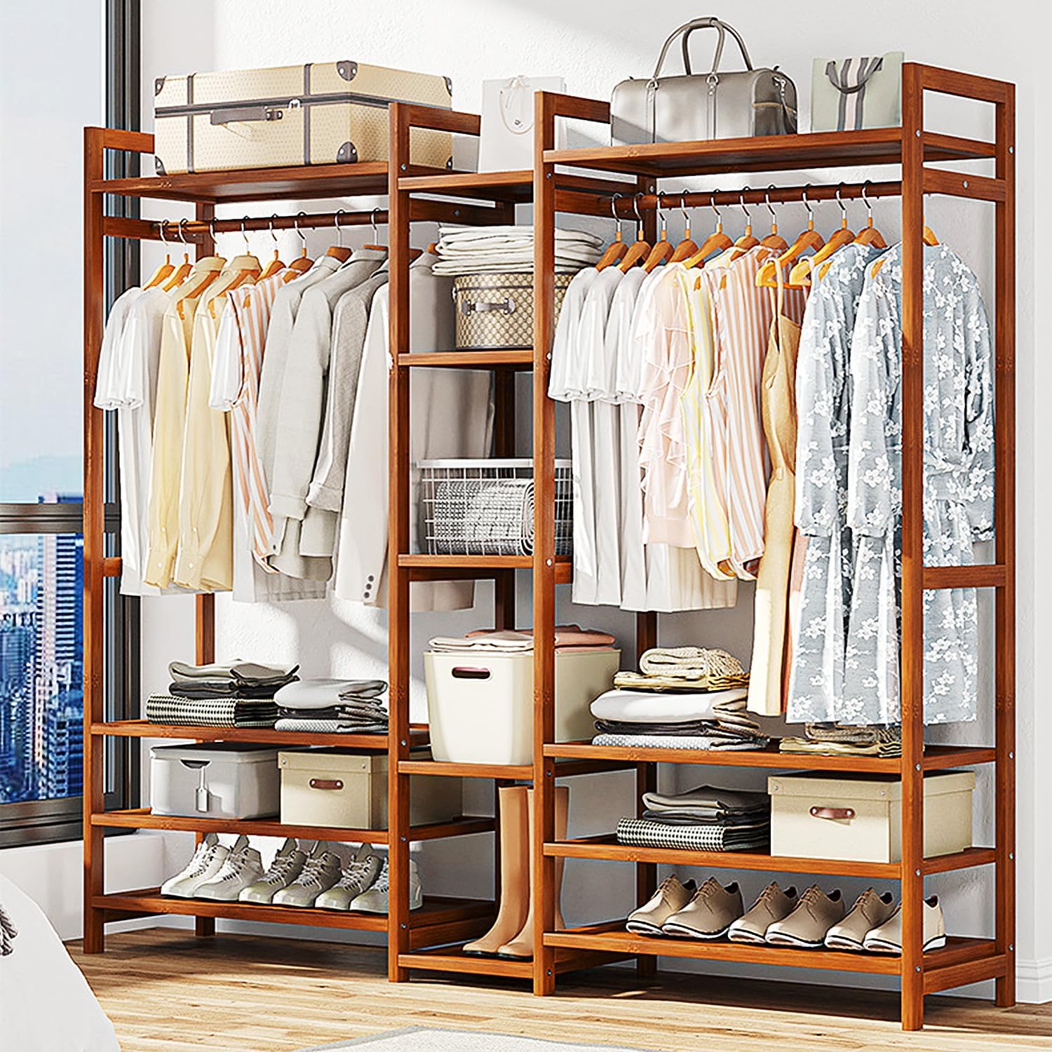 Bamboo Garment Rack Solid Wood Clothes Rack, Clothing Racks with Shelf, Freestanding Garment Racks for Hanging Clothes, Coats, Skirts, Shoes, Bags, Wardrobe Closet Organizer(130cm)