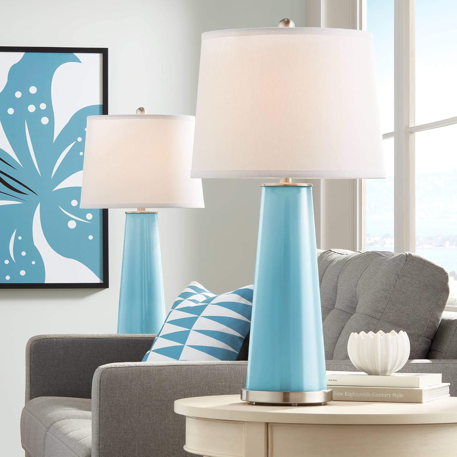 Color + Plus Leo 29 1/2' Nautilus Blue Glass Table Lamps Set of 2