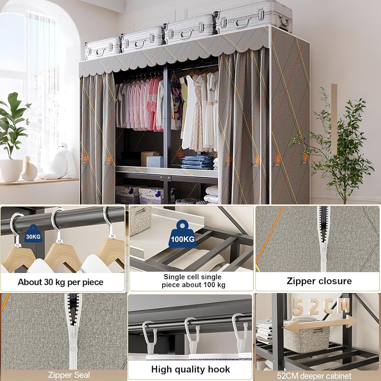 Portable Wardrobe Closet, Foldable Clothes Rack with Cover, Multi-Functional Folding Armoire, Garment Rack for Hanging Clothes(B,59 * 20.5 * 70IN(L*W*H))