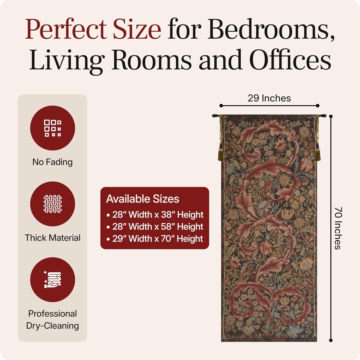 Charlotte Home Furnishings Inc French Boho Tapestry Wall Hanging 70 x 29 in, Acanthe Brown Large Aristoloches Aesthetic Woven Wall Art decor for Living Room Home Decor, European Cotton Jacquard Woven