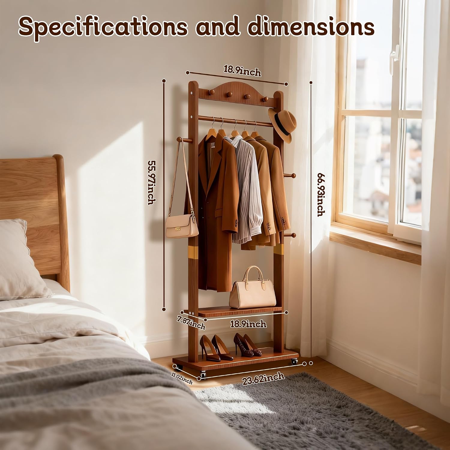 High-Grade Rubber Wood Coat Rack, Easy To Assemble, With 9 side hooks,With 2 partitions, Mobile Rollers, Multifunctional Coat Rack Suitable for Suitable for hanging clothes, hats,storing shoes.