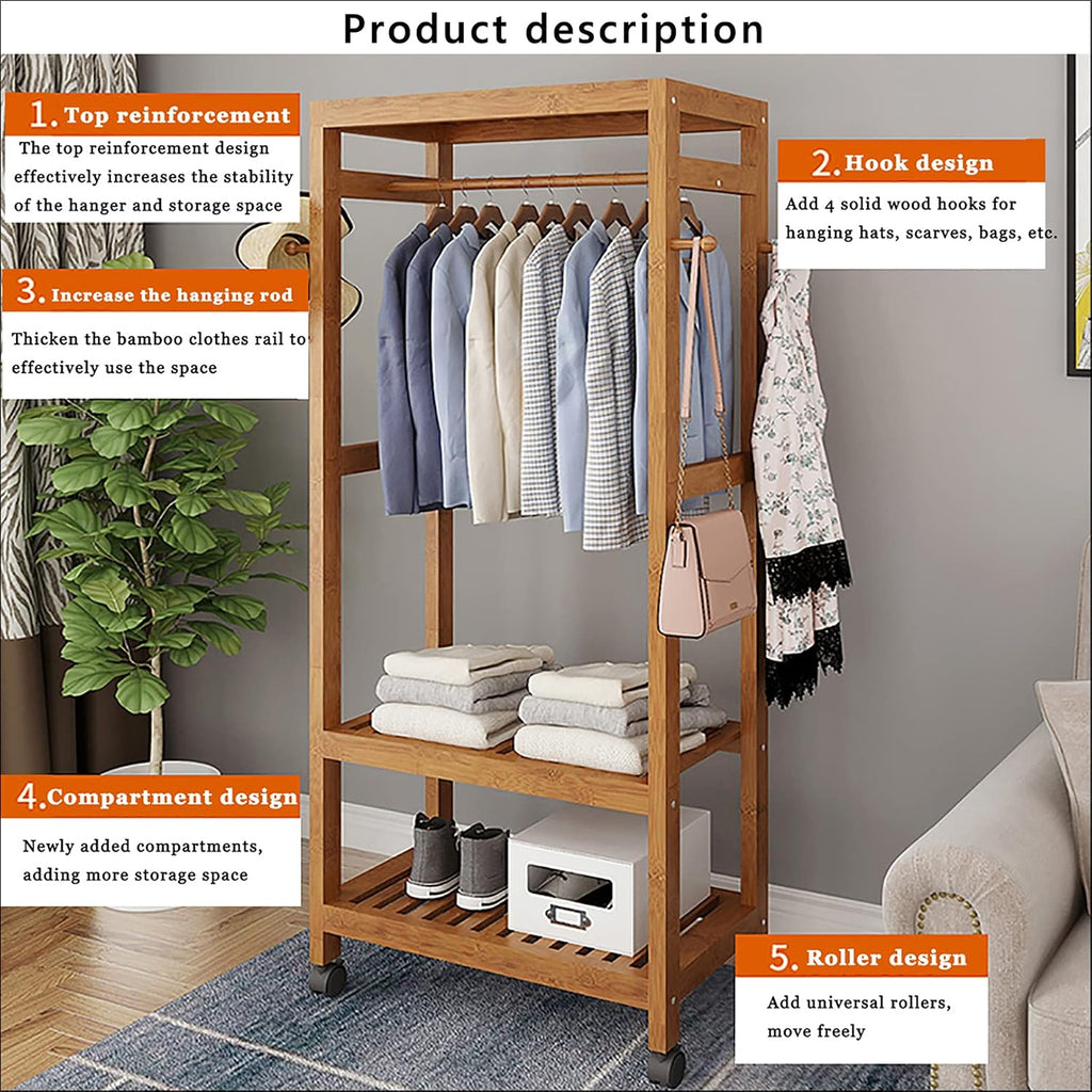 Garment Rack with 2 Tier Storage Shelves,Hanging Rack Bamboo Garment Rack,with Wheels,for Clothes, Shirts, Bags, Scarves, Pants, Shoes, Storage Boxes
