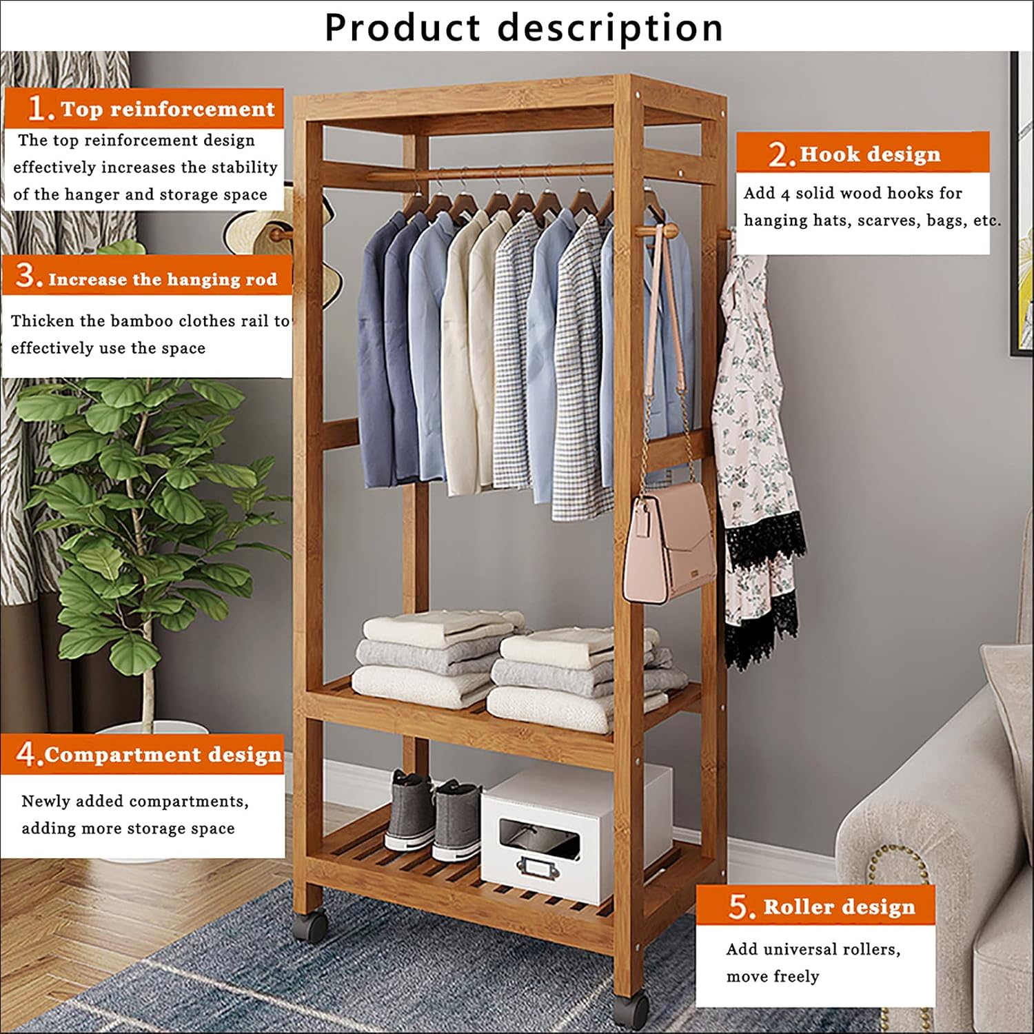 Garment Rack with 2 Tier Storage Shelves,Hanging Rack Bamboo Garment Rack,with Wheels,for Clothes, Shirts, Bags, Scarves, Pants, Shoes, Storage Boxes