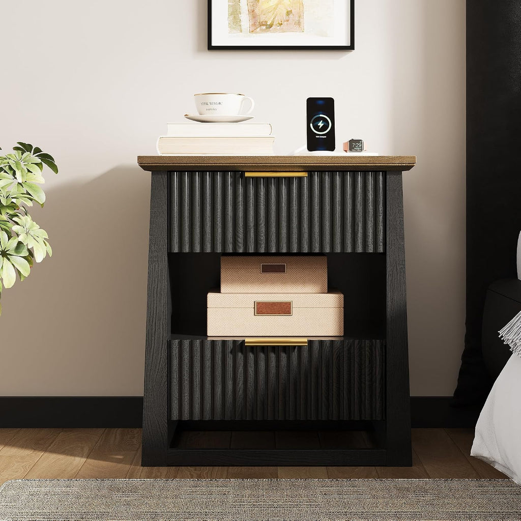 HIFYOBRO Fluted End Table Set of 2 with Charging Station and Motion Sensor Light, Modern Black Side Tables with 2 Drawers and Storage Shelf for Living Room, Bedroom, Guest Room
