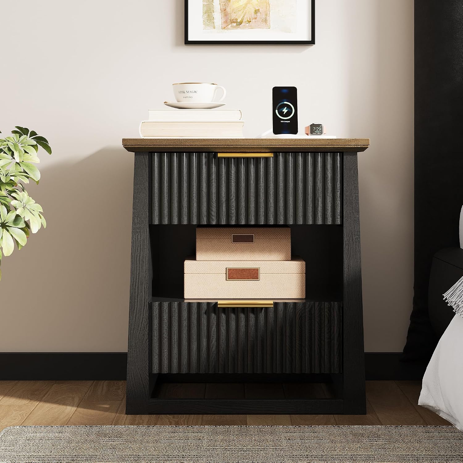 HIFYOBRO Fluted End Table Set of 2 with Charging Station and Motion Sensor Light, Modern Black Side Tables with 2 Drawers and Storage Shelf for Living Room, Bedroom, Guest Room