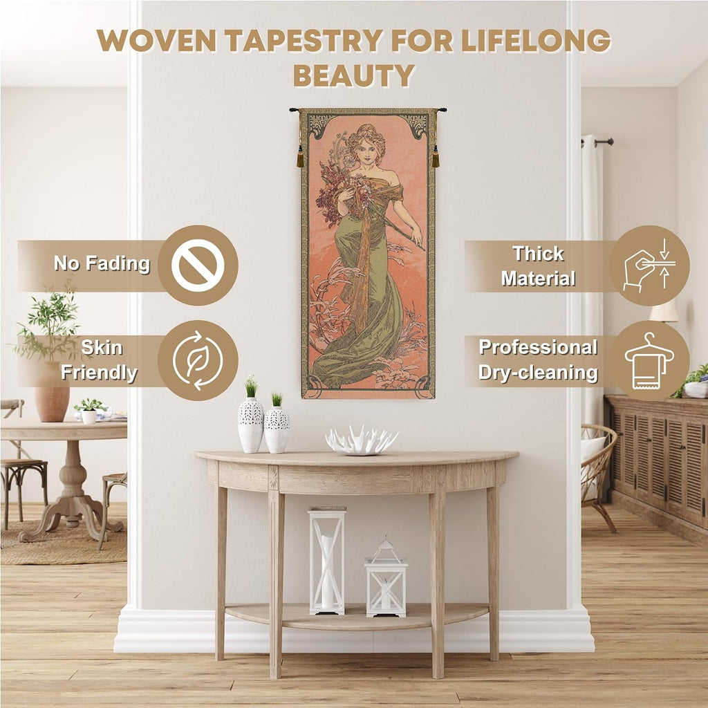 Charlotte Home Furnishings Inc - Mucha Spring Belgian Premium Tapestry Wall Hanging |39x18 in Viscose Polyester Blend Boho Vintage Woven Wall Tapestry for Home & Wall Art by Alphonse Mucha