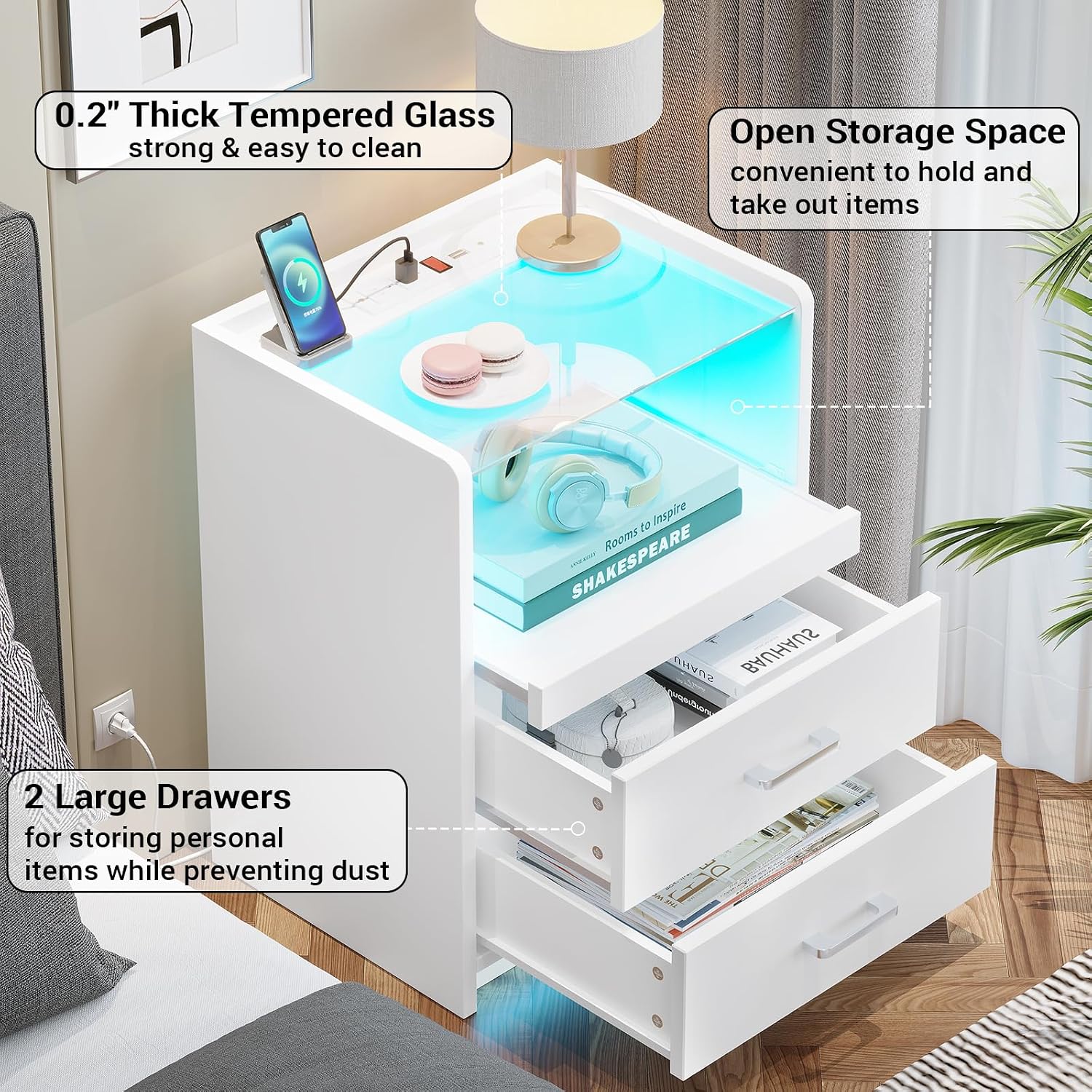 AOGLLATI LED Nightstand Set of 2 with Charging Station, Night Stand with Pull-Out Shelf, 2 Drawers, Bedside Table with LED Lights, Modern End Table with USB Ports Outlets, 2 Pack, White