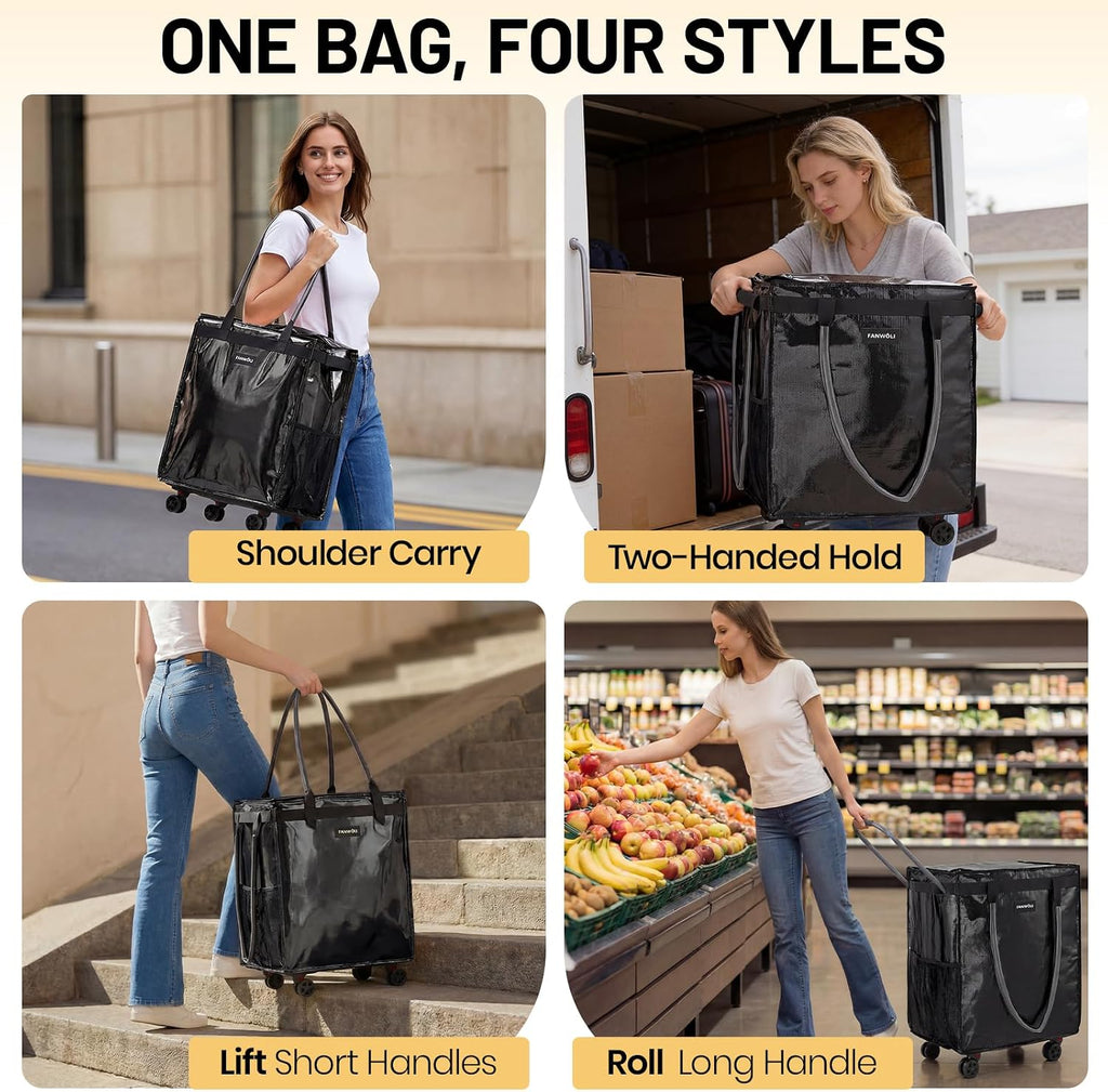 Fanwoli Dancer's Mobile Combo:66L Reusable Grocery Bag on Wheels + 23' Dance Bag with Garment Rack|Upgrade Stability, Simplify Your Move| Ideal for Competitions, Rehearsals & Daily Errands