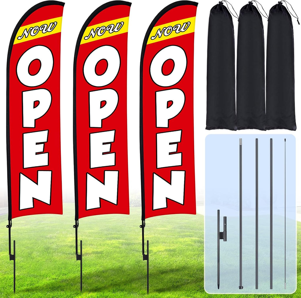 Buryeah 3 Sets Now Open Feather Flag Pole Kit 15 ft for Business Advertising Open Flag Banner Sign with Pole Kit Ground Stake and Portable Bag for Outside Ground