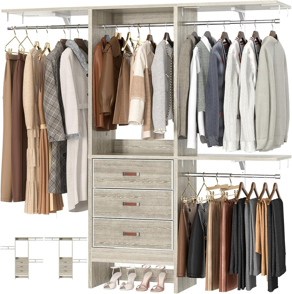 Armocity 5FT Small Closet System with 3 Fabric Drawers, 60'' Walk In Closet Organizer System With 3 Adjustable Shelves, Heavy Duty Clothes Rack Built-In Garment Rack, 59' L x 16' W x 71'H, White Oak