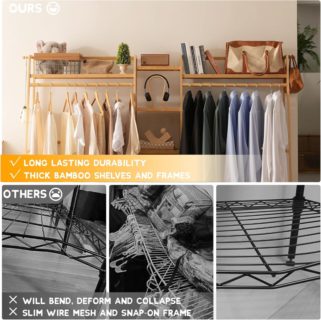 Baveke Bamboo Garment Rack 9 Tier Storage Shelf Coat Clothes Hanging Rack, Portable Wardrobe Closet Organizer With Top Shelf, Shoe Storage Shelves for Bedroom, Natural, FSC-Certified Bamboo