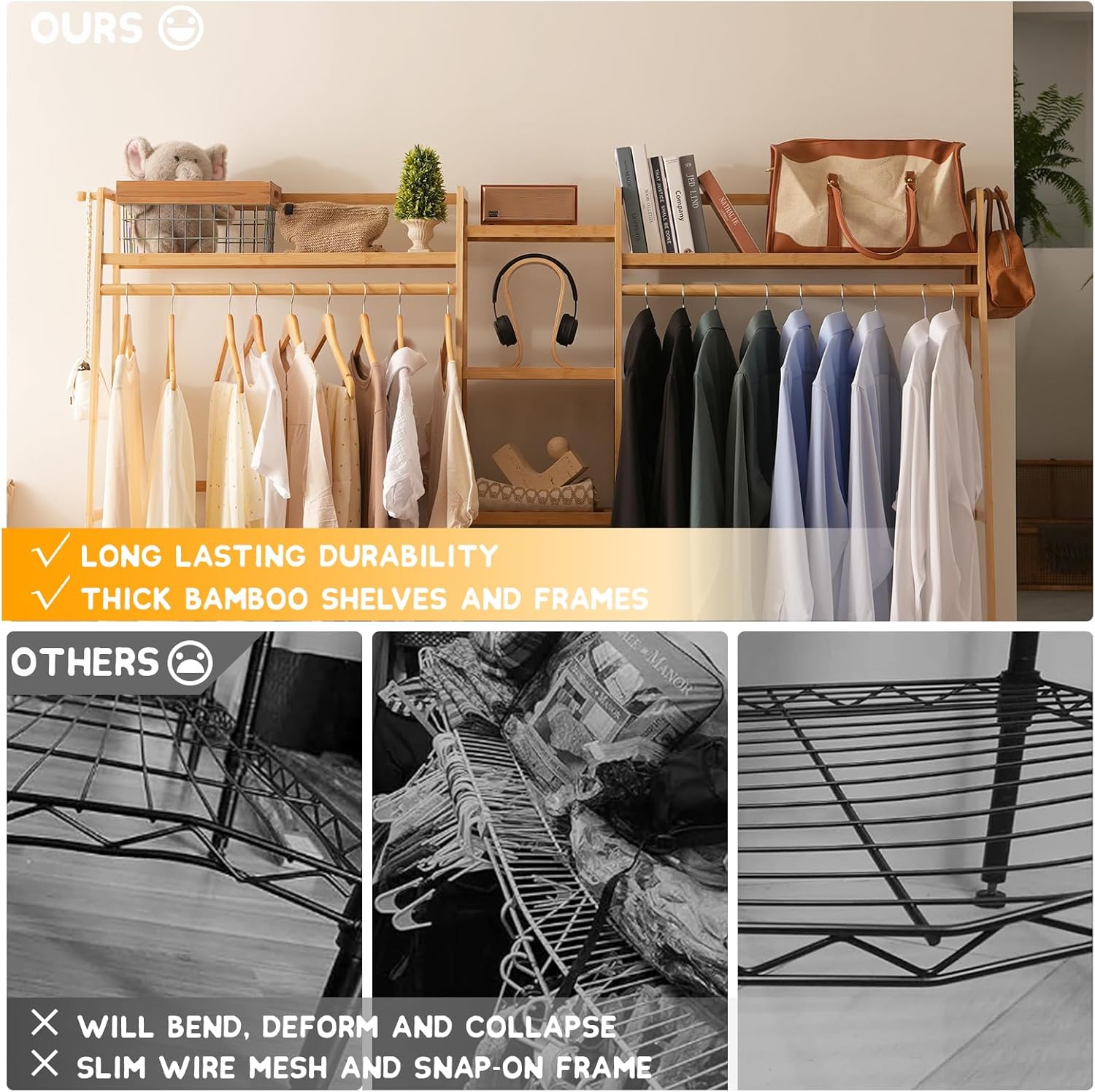 Baveke Bamboo Garment Rack 9 Tier Storage Shelf Coat Clothes Hanging Rack, Portable Wardrobe Closet Organizer With Top Shelf, Shoe Storage Shelves for Bedroom, Natural, FSC-Certified Bamboo