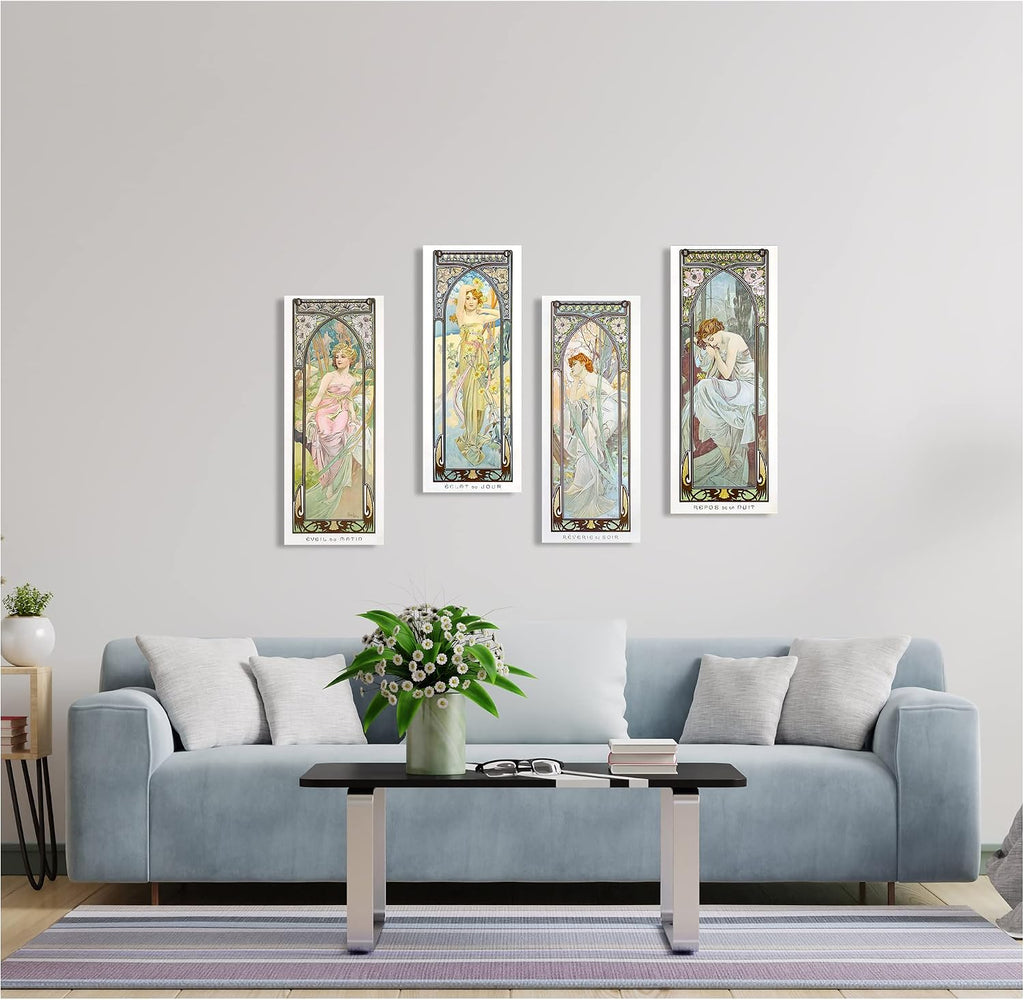A&T ARTWORK The Times of the Day by Alphonse Mucha 4 Panel wall Art for Home Decorations Giclee Canvas Print 30x12inch x4pcs(30x48inch)