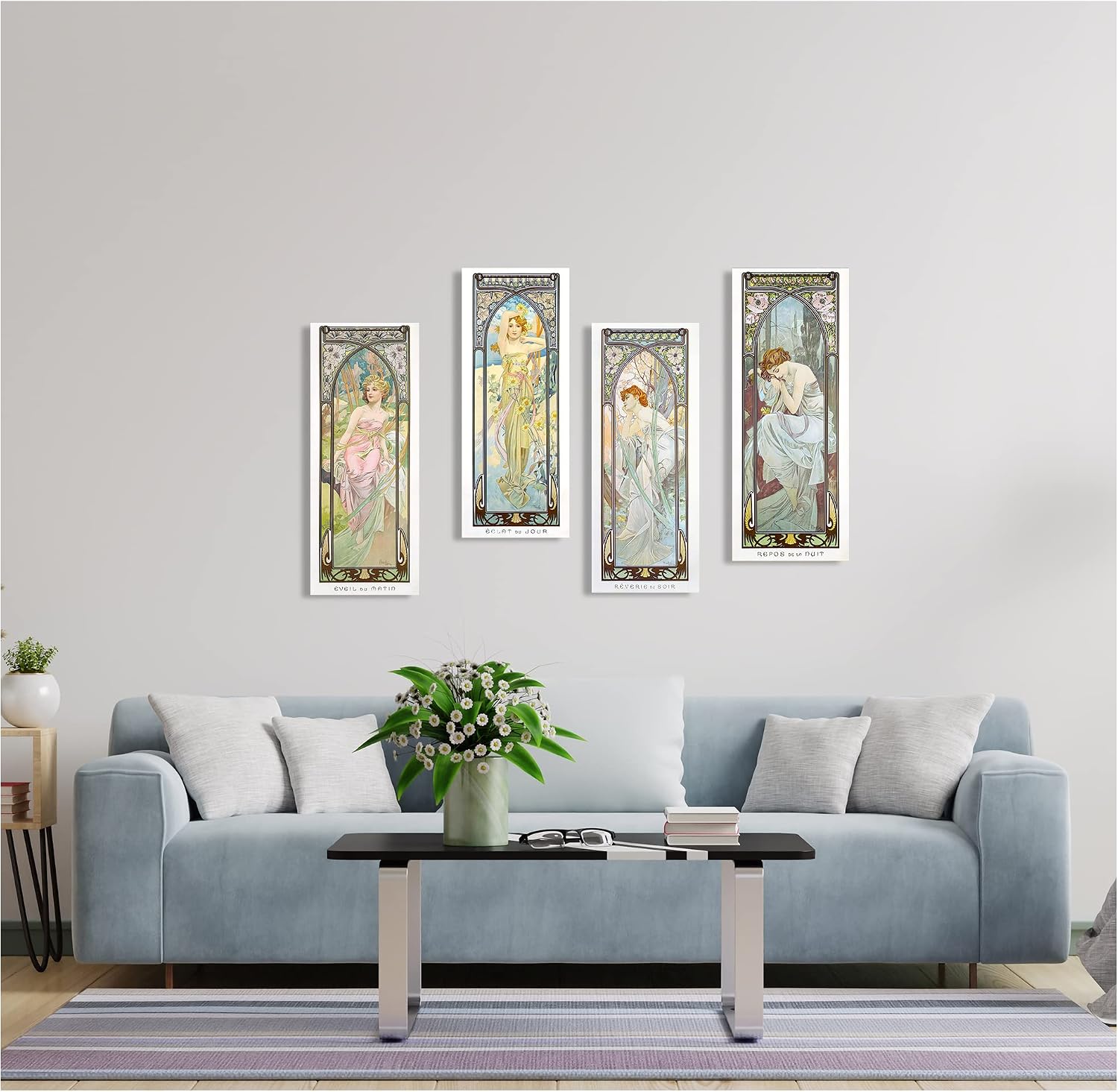 A&T ARTWORK The Times of the Day by Alphonse Mucha 4 Panel wall Art for Home Decorations Giclee Canvas Print 30x12inch x4pcs(30x48inch)