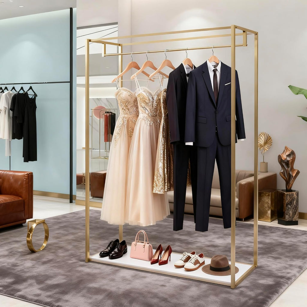 Retail Display Gold Clothing Racks with Shelves, Boutiques Garment Rack Wedding Dress Rack Heavy Duty Commercial Floor Standing for Clothing Store Studio,67 inch