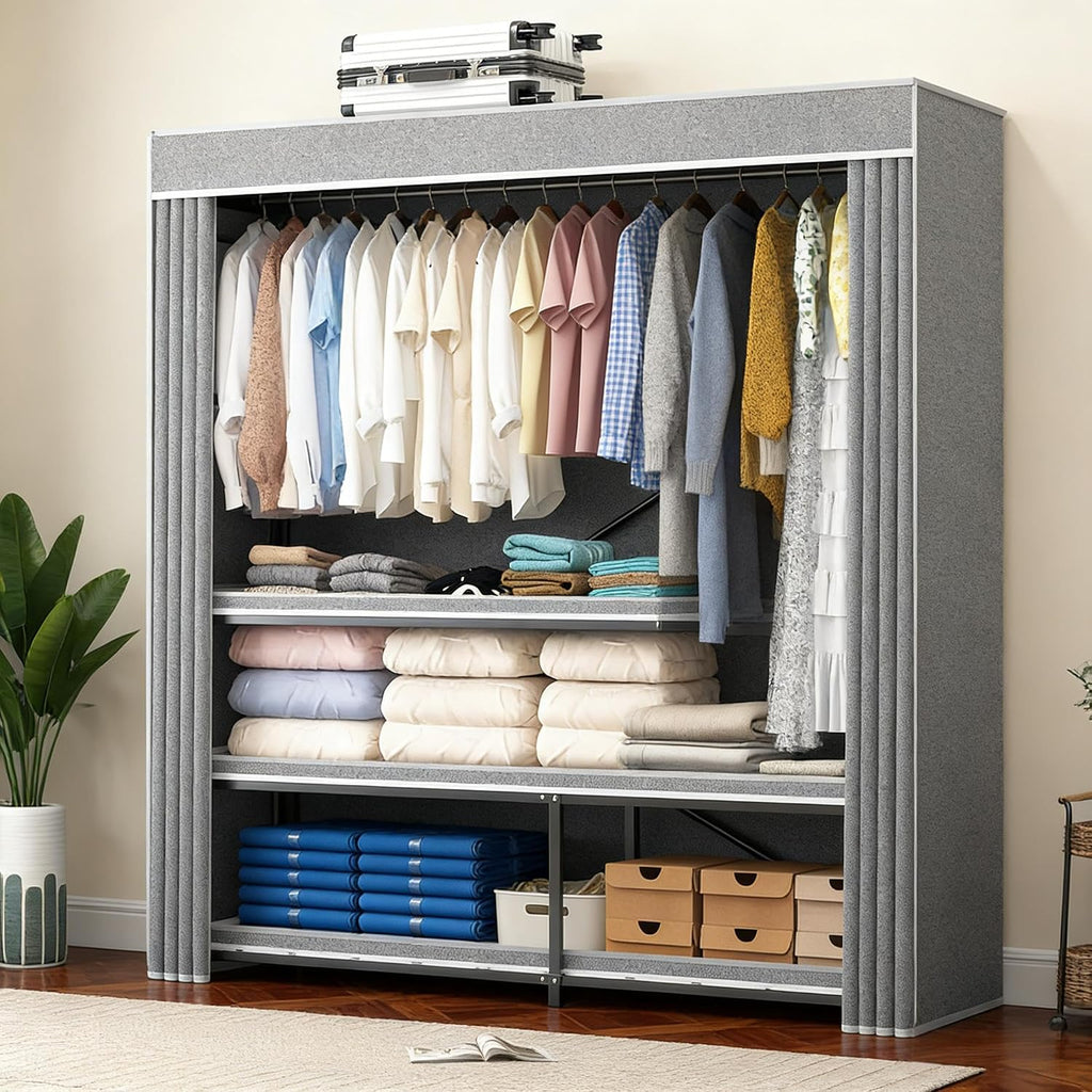 Heavy Duty Foldable Portable Wardrobe with Cover, Black Gray, 59.1' L x 70.9' H x 20.5' W, Freestanding Storage Clothes Rack for Bedroom