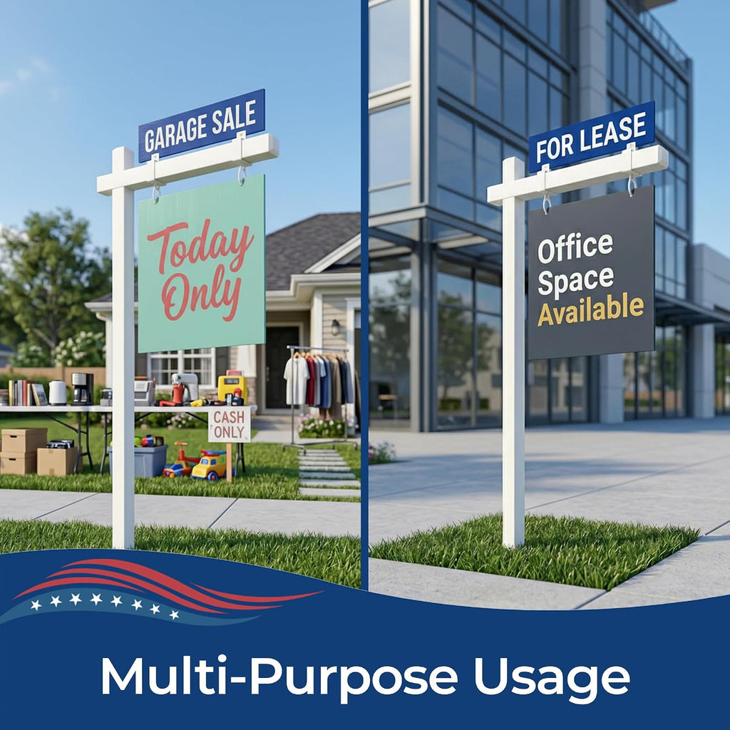 Custom Real Estate Sign Post By DC – Yard Sign Holder with Hanging Panel and Stake | Outdoor Sign Post for Business Advertising, For Sale and Open House Signs | Made in USA
