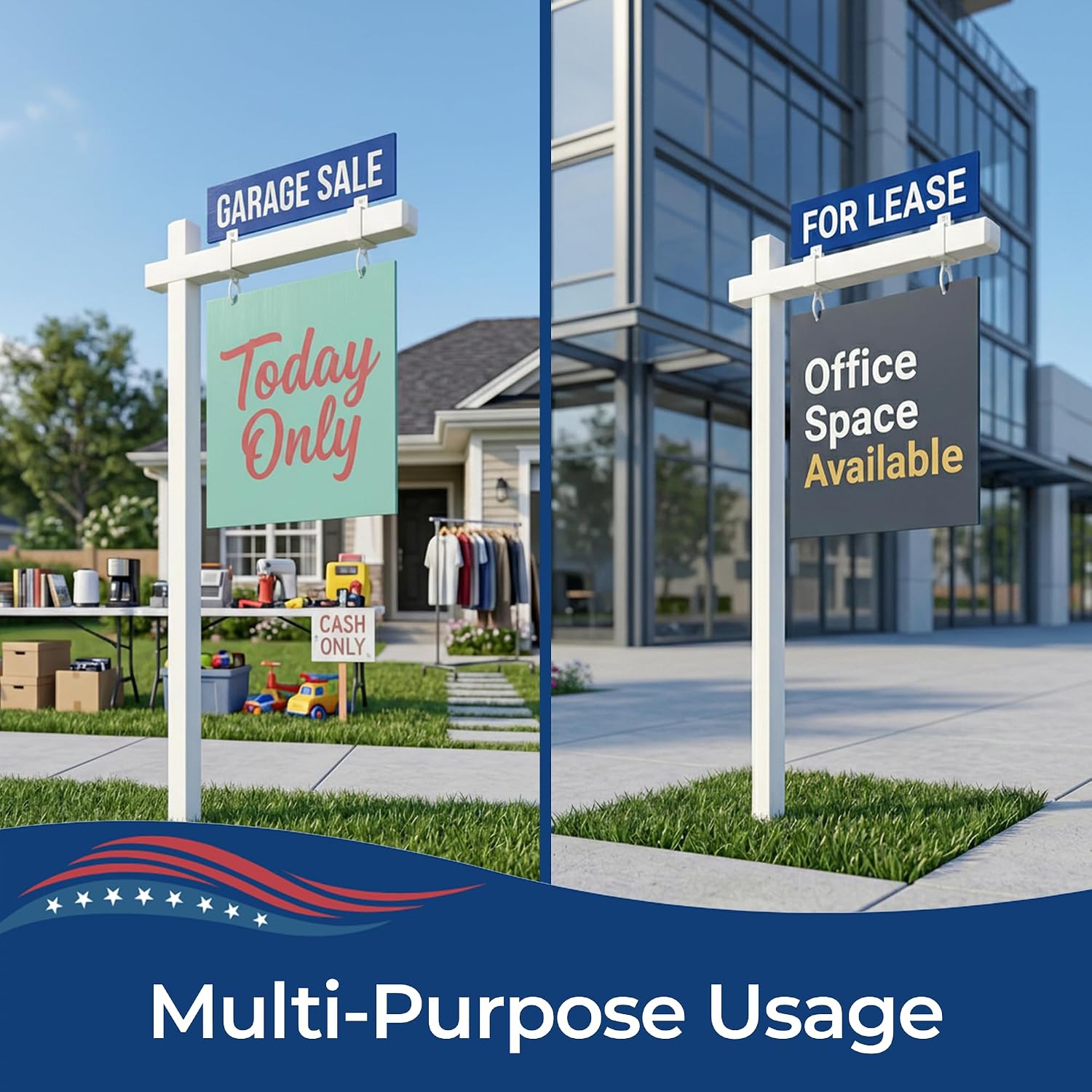 Custom Real Estate Sign Post By DC – Yard Sign Holder with Hanging Panel and Stake | Outdoor Sign Post for Business Advertising, For Sale and Open House Signs | Made in USA