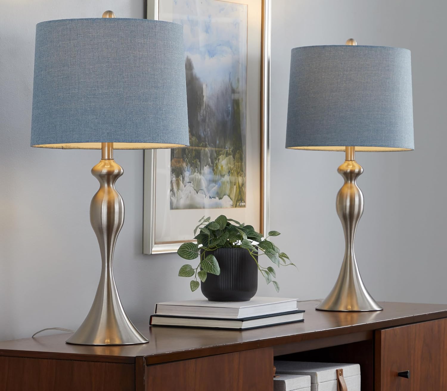 Ashland 27' Metal Table Lamps Set of 2, Desk Lamp, Bedside Lamps for Night Stands, Nightstand Lamp, Small Lamp, Small Table Lamps for Living Room Set of 2 (Brushed Nickel, Light Blue Linen)