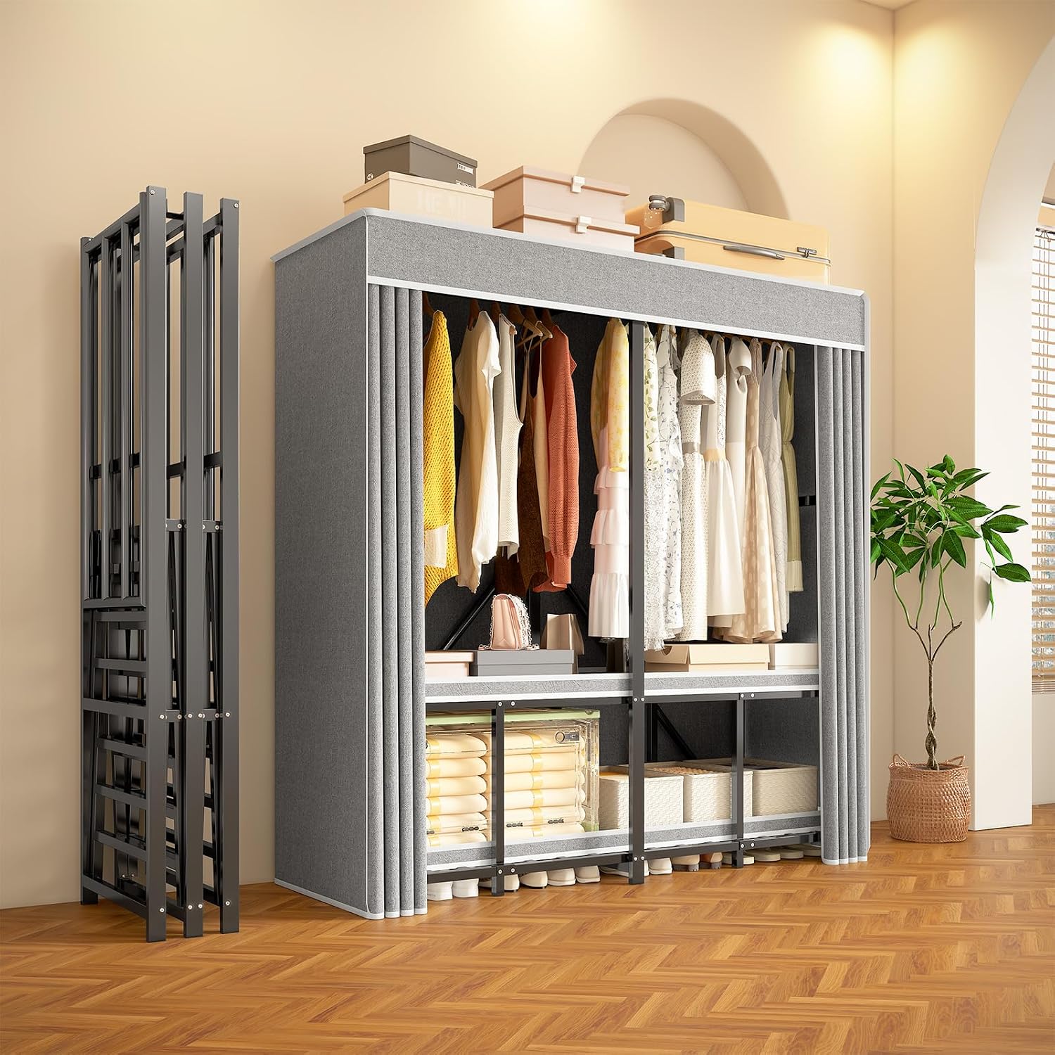 Foldable Heavy Duty Portable Closet with Cover, Freestanding Storage Garment Rack for Bedroom, Clothes Rack for Hanging Clothes Armoire Wardrobe Closet System, 59.01x67.7x20.5 Inch,Black Grey
