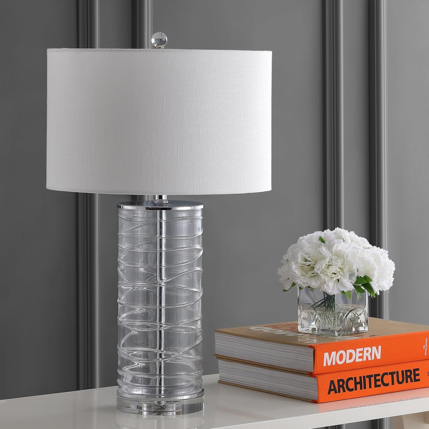 Eyely EYL4016B-SET2 Grace 27.5' Modern Fused Glass Cylinder LED Table Lamp for Reading Room, Living Room, Office, Bedroom, Transitional, Coastal, Glam, Clear (Set of 2)
