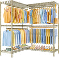 ULIFHOME E15 Pro Garment Rack L Shaped Clothes Rack for Corner，Freestanding Clothing Racks for Hanging Clothes，Heavy Duty Closet System with 4 Hanging Rods & 8 S Hooks，48.8'W x 15.8'D x 78.4'H，Gold