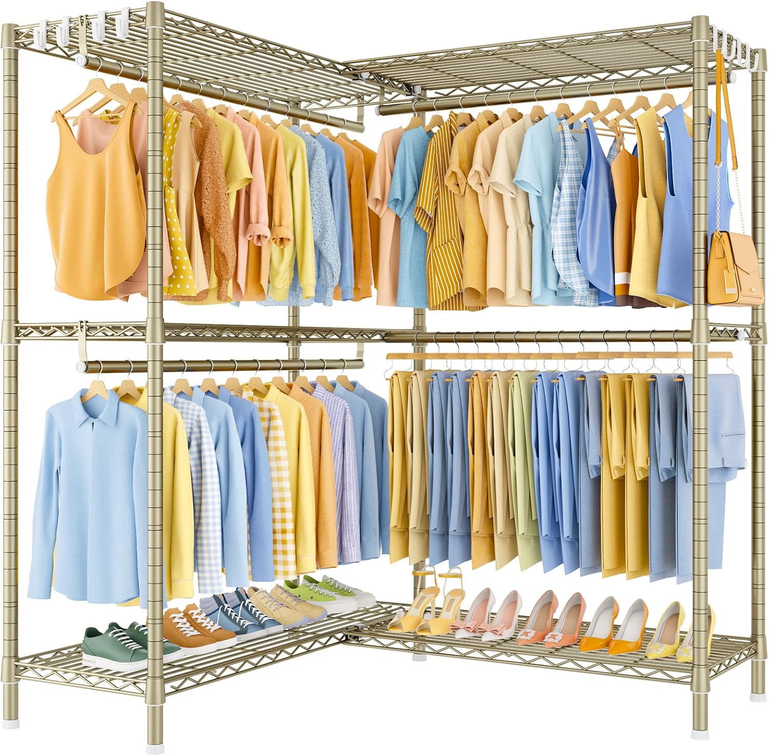 ULIFHOME E15 Pro Garment Rack L Shaped Clothes Rack for Corner，Freestanding Clothing Racks for Hanging Clothes，Heavy Duty Closet System with 4 Hanging Rods & 8 S Hooks，48.8'W x 15.8'D x 78.4'H，Gold