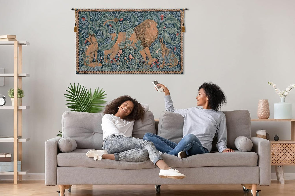 Charlotte Home Furnishings Inc French Boho Tapestry Wall Hanging 28 x 48 in, Lion Aesthetic Woven Wall Art decor for Living Room Home Decor, European Cotton Jacquard Woven