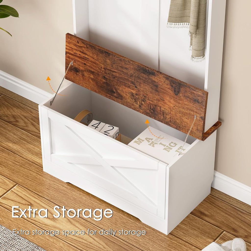 CHANCEE Hall Tree with Bench and Storage, Vintage White Coat Rack with 5 Hooks, 2 Shelves, Cabinet, Space-Saving Entryway Wardrobe Organizer for Bedroom, Hallway, or Mudroom