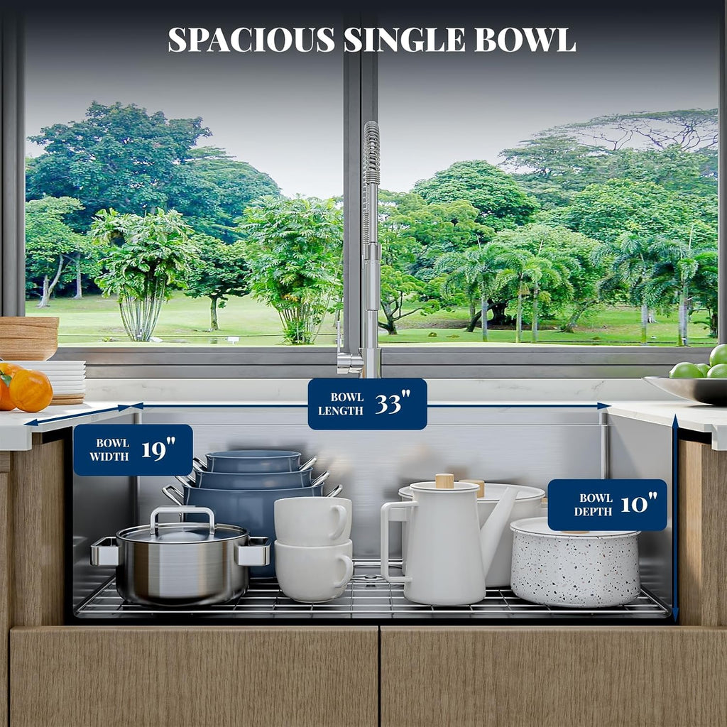 Senfot 33 Inch Undermount Kitchen Sink with Single-tier Track, Stainless Steel Single Bowl Kitchen Sink with Chopping Board, Drainer Basket, Bottom Net, Drainer, Roller Shutter