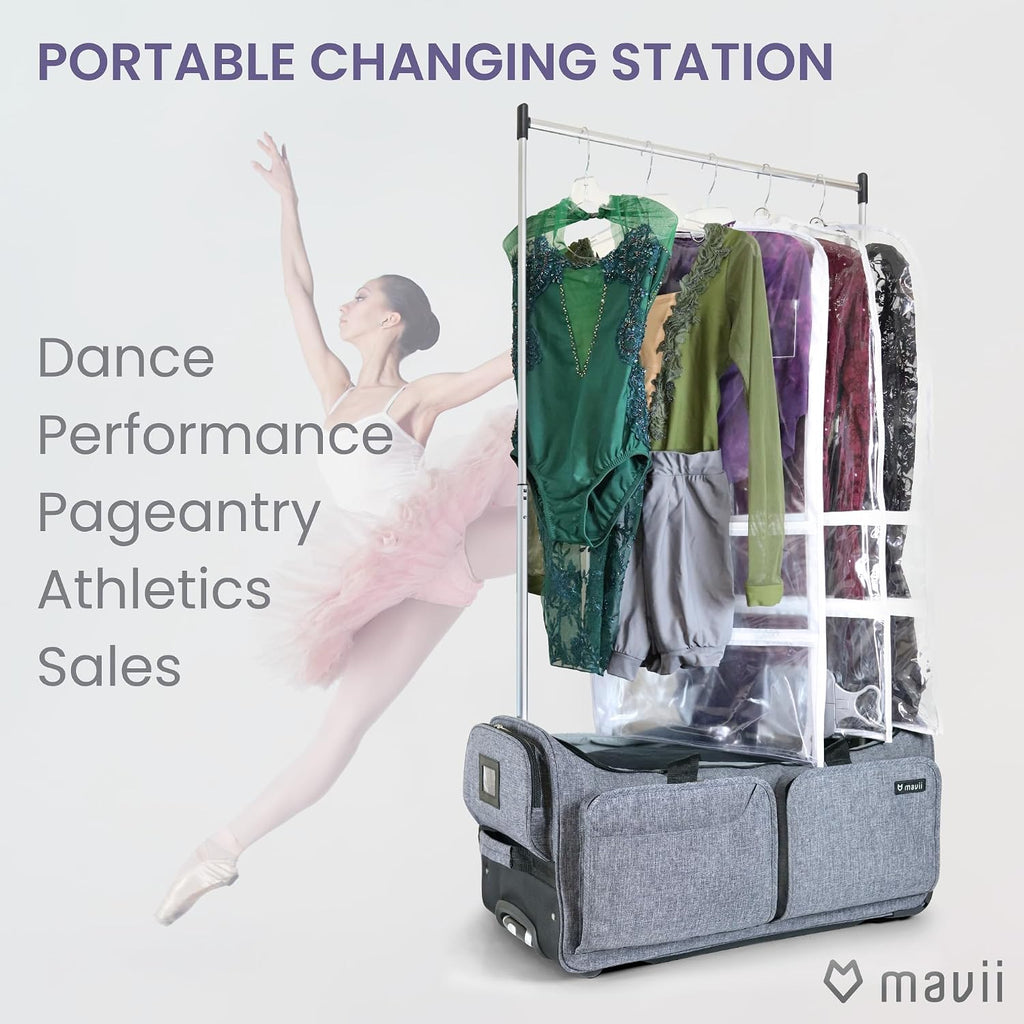 Mavii Dance Bag with Garment Rack - Wheeled 28 Inch Collapsible Travel Bag, Rolling Garment Rack Luggage, Gray