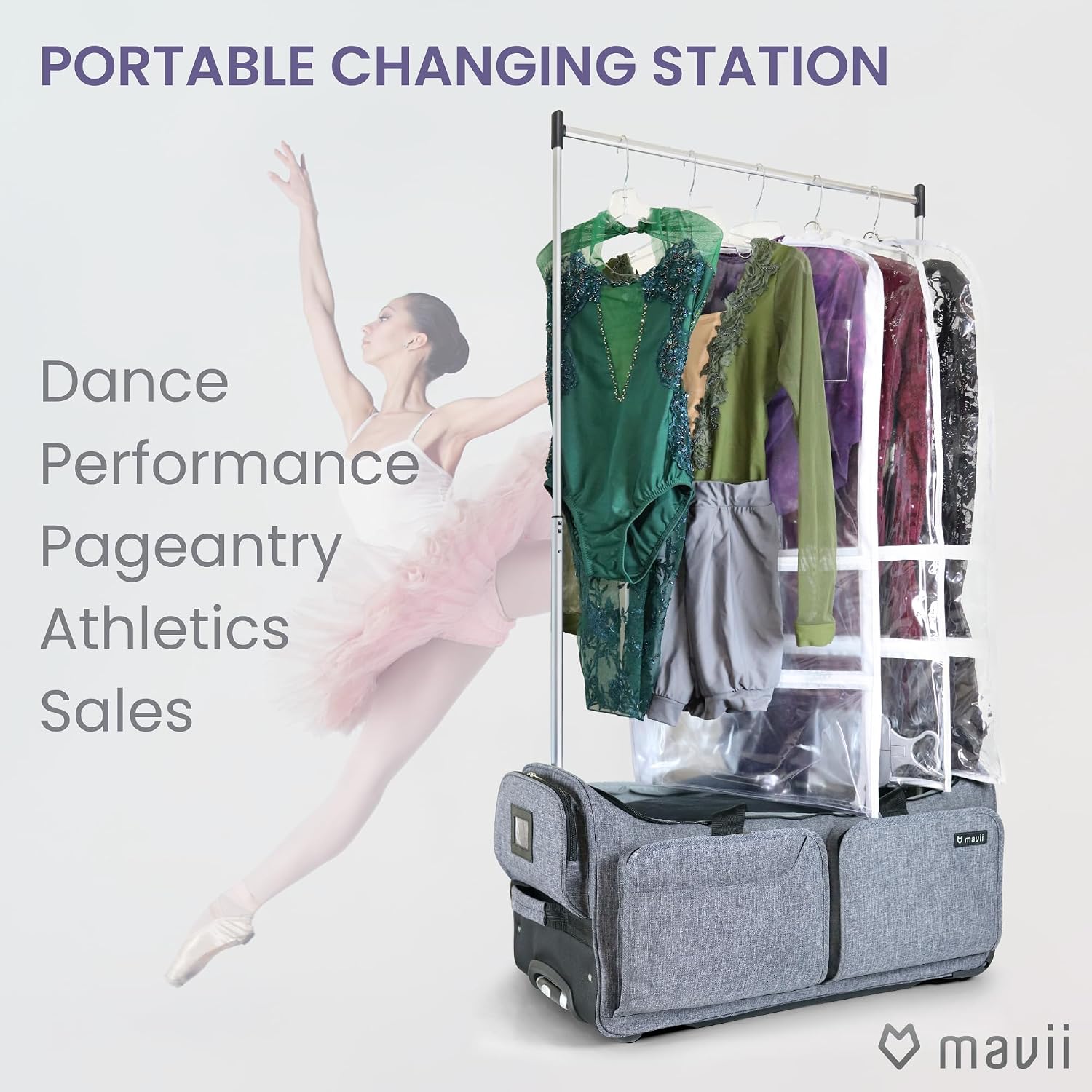 Mavii Dance Bag with Garment Rack - Wheeled 28 Inch Collapsible Travel Bag, Rolling Garment Rack Luggage, Gray