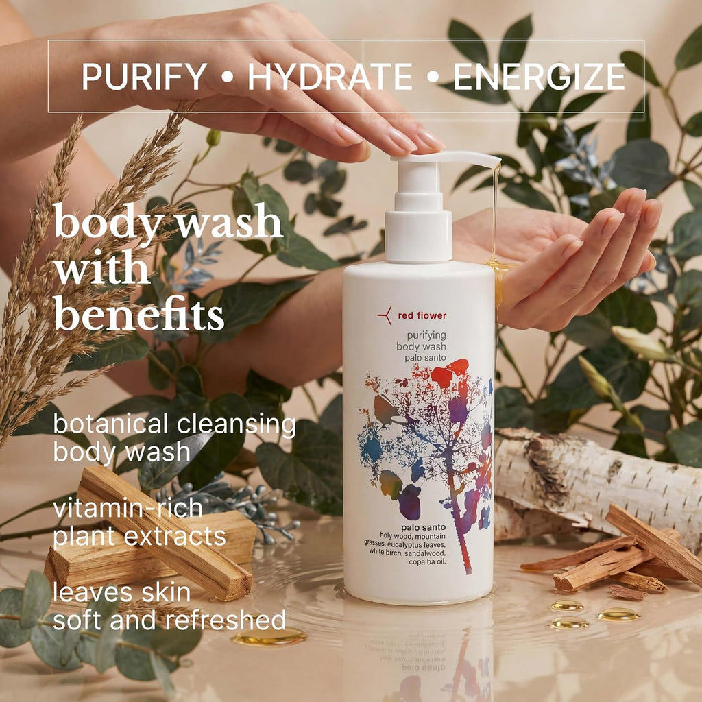 Red Flower Palo Santo Purifying Body Wash – Cleanse & Hydrate Botanical Shower Gel with Organic Fruit & Leaf Extracts for Hydrated, Radiant Skin (1.3 Gallons)