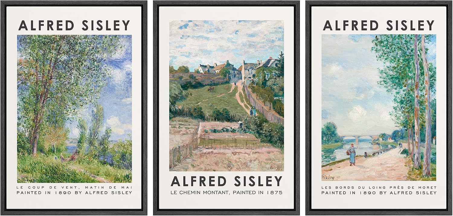MUDECOR Framed Canvas Print Wall Art Set Alfred Sisley Watercolor Landscapes Nature Wilderness Wilderness Illustration Modern Art Decorative Realism Rustic Vintage for Bedroom - 24'x36'x3 Black