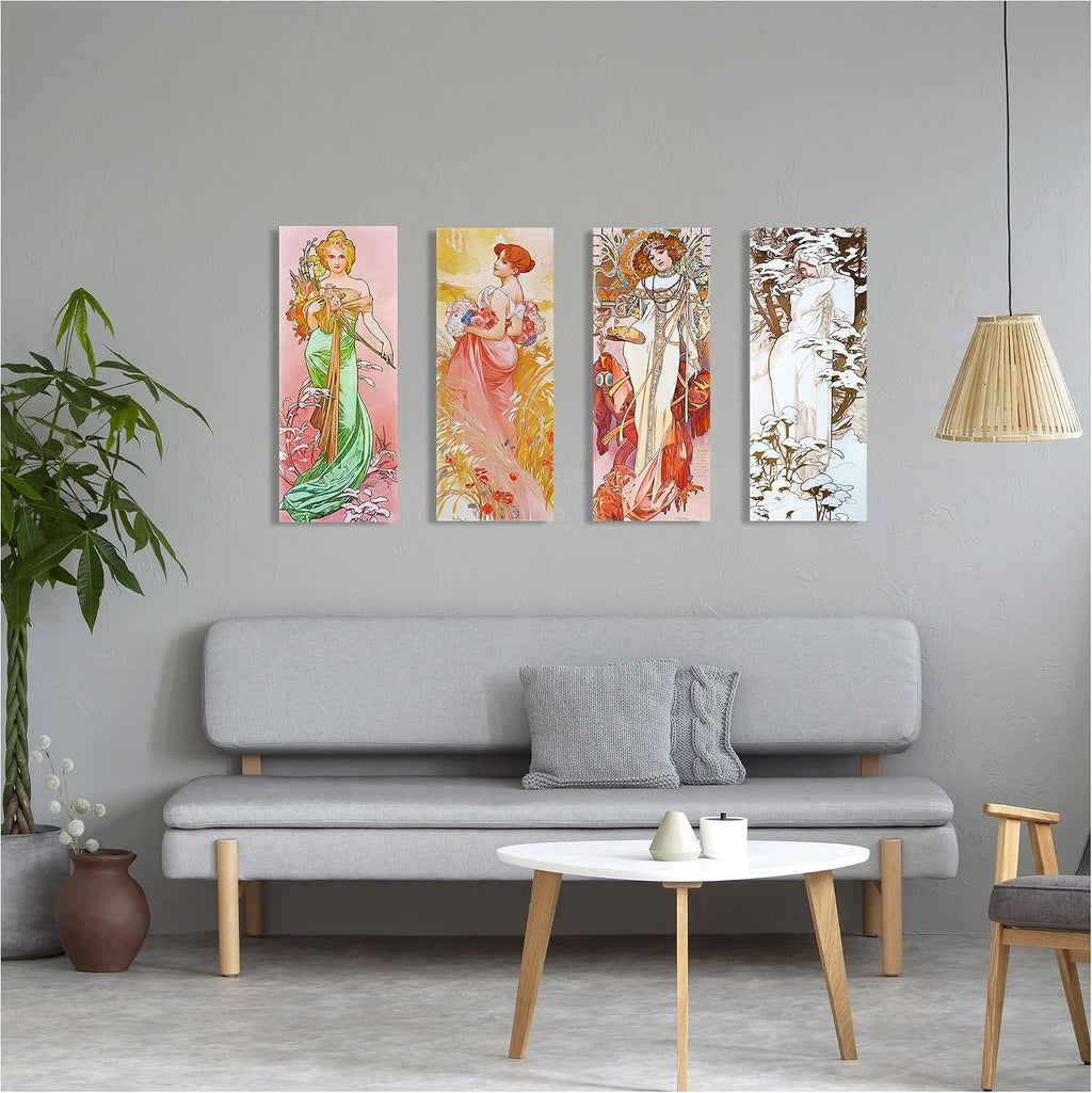 A&T ARTWORK The Seasons 1900 Spring Summer Autumn Winter by Alphonse Mucha 4 Panel wall art for Home Office Decorations Giclee Print On Canvas 30x12inch x4pcs (30x48inch)