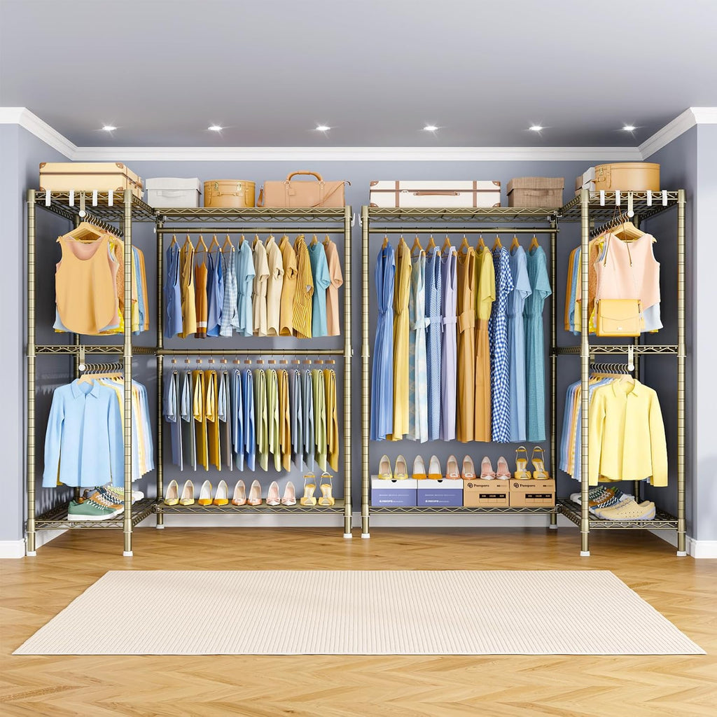 ULIFHOME E15 Pro Garment Rack L Shaped Clothes Rack for Corner，Freestanding Clothing Racks for Hanging Clothes，Heavy Duty Closet System with 4 Hanging Rods & 8 S Hooks，48.8'W x 15.8'D x 78.4'H，Gold