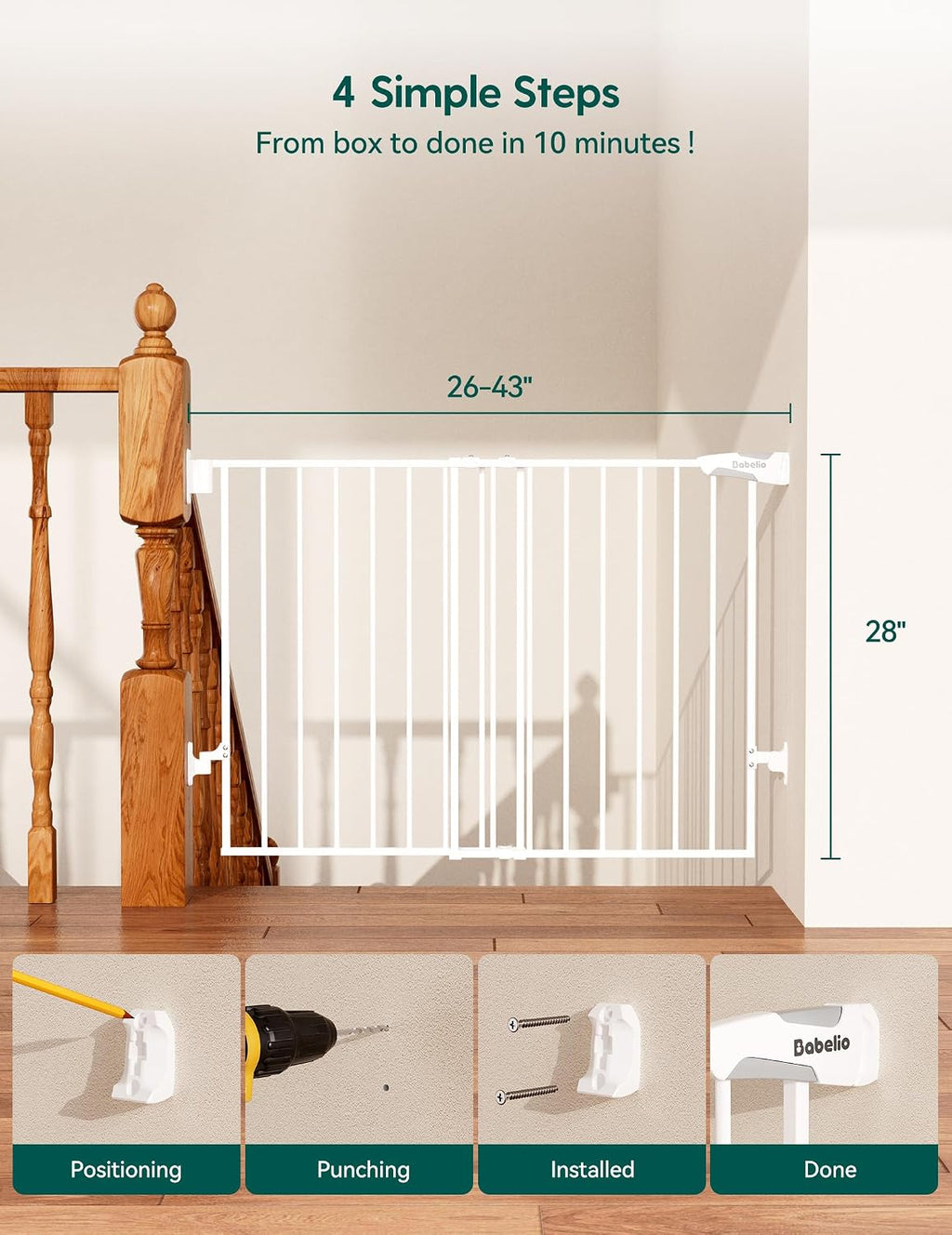 Babelio Baby Gate for Stairs, Kitchen & Doorways, No Bottom Bar| Easy Installation| One-Handed Operation| Auto-Close| Hardware Mount (Drill Needed) Safety Dog Gate (White - 2 Pcs, 26-43' W, 28' H)