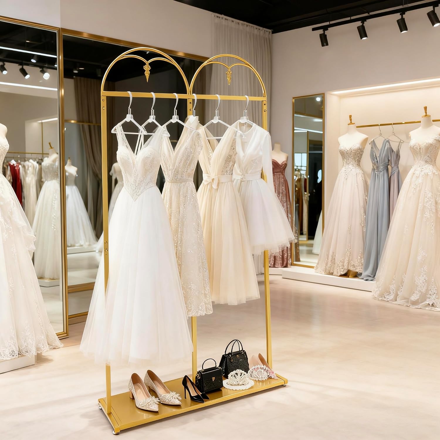 88' Tall Gold Clothing Garment Rack Hanging Long Dresses Racks | Double Rod Bridal Clothes Wedding Dress Rack Gown Shoes Bags Clothes Organizer for Home Boutique Retail Studio