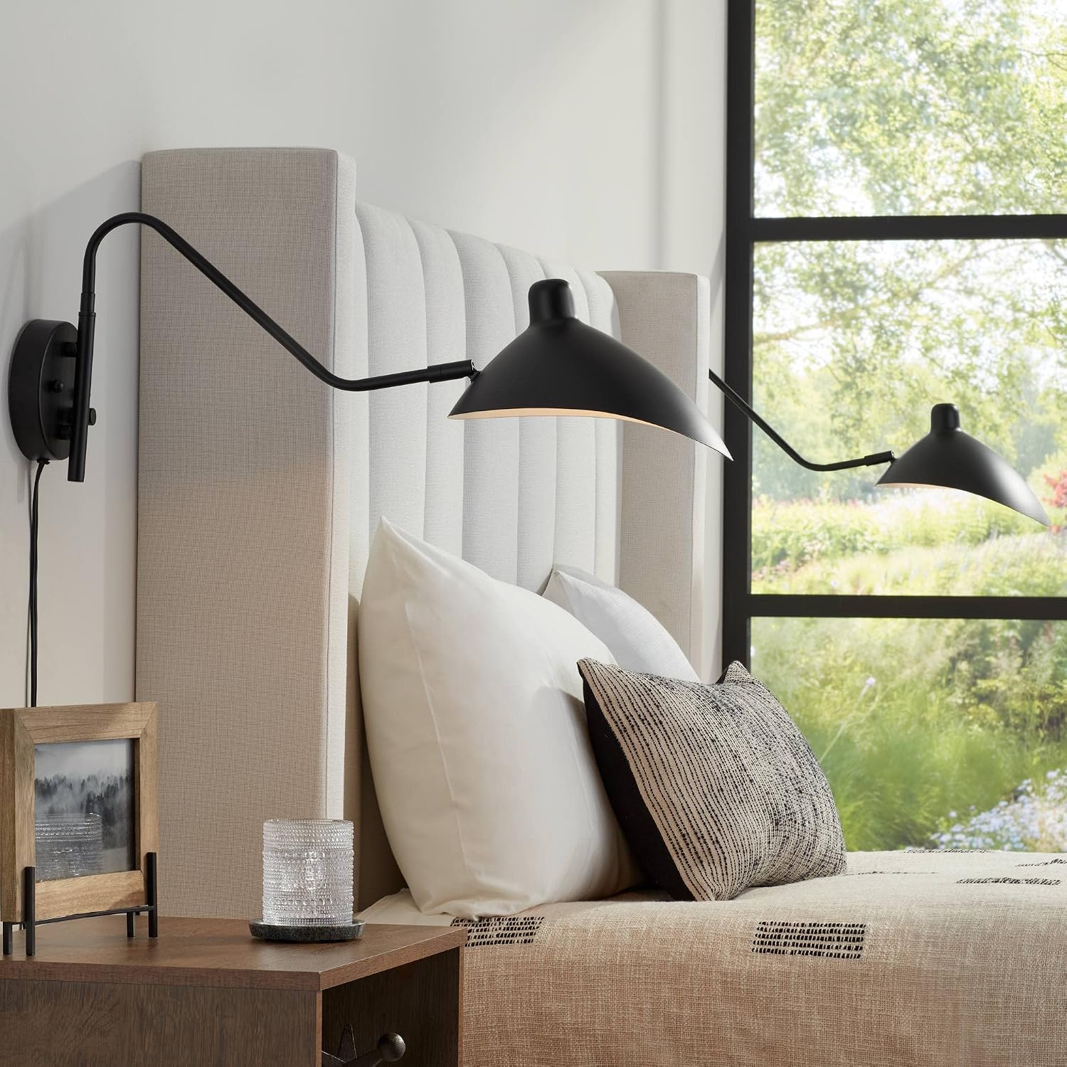 360 Lighting Colborne Modern Swing Arm Wall Lamps Set of 2 Black Plug-in Light Fixture Up Down Swivel Metal Shade for Bedroom Bedside Living Room Reading House