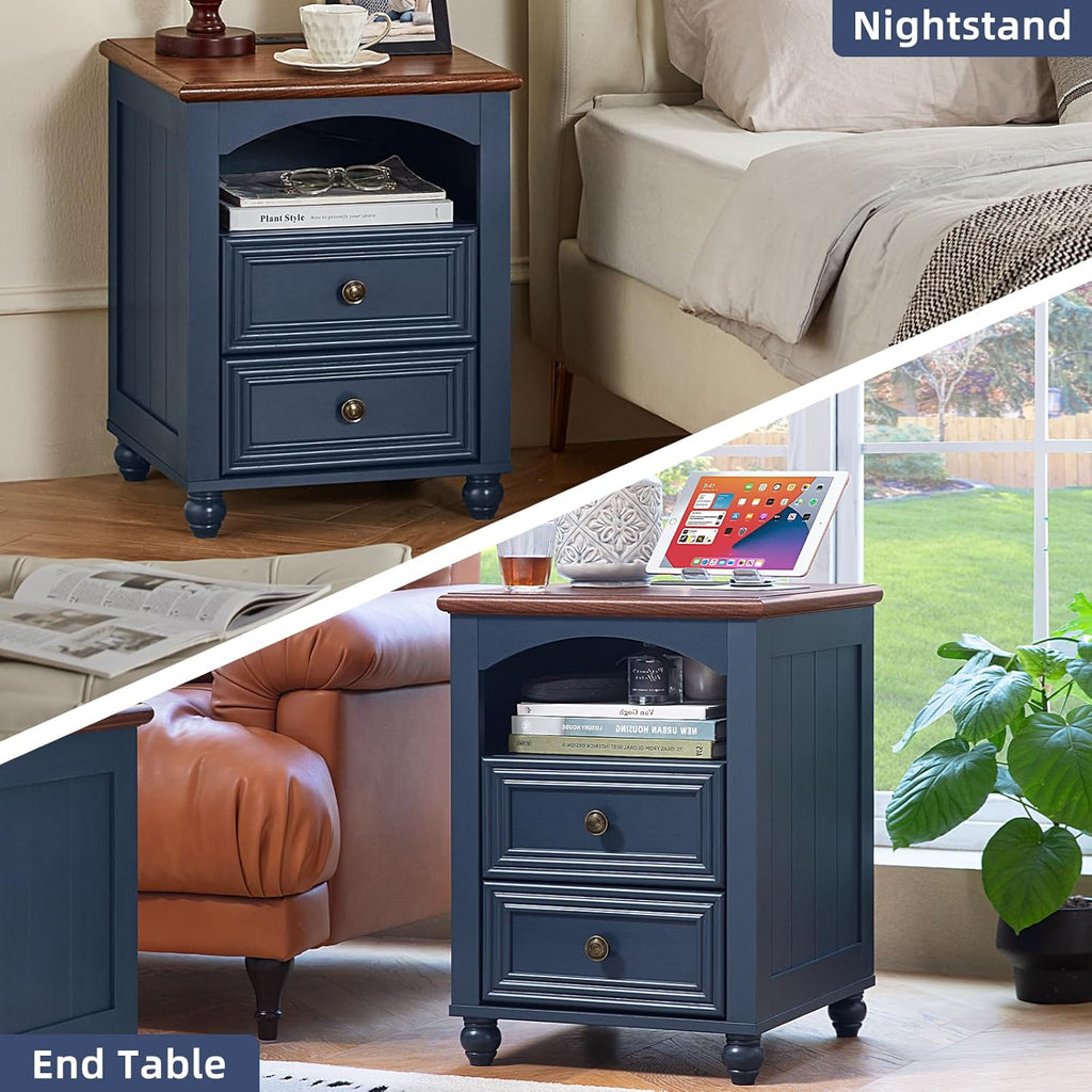 RWYHG 18' Farmhouse Night Stand Set of 2 with Charging Station, Wood Blue Nightstand with 2 Drawers, Bedside End Table with Shelf Storage, Bed Side Tables for Bedroom, Living Room, and Closet
