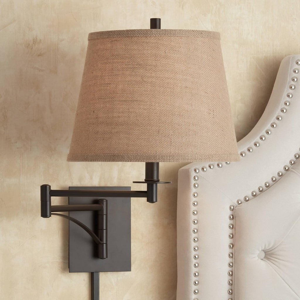 Franklin Iron Works Brinly Farmhouse Rustic Swing Arm Wall Lamps Set of 2 Matte Brown Metal Plug-in 12' Fixture Burlap Hardback Drum Shade for Bedroom Bedside Living Room Hallway Reading