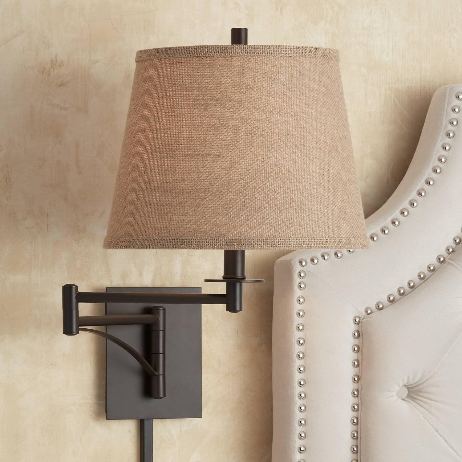Franklin Iron Works Brinly Farmhouse Rustic Swing Arm Wall Lamps Set of 2 Matte Brown Metal Plug-in 12' Fixture Burlap Hardback Drum Shade for Bedroom Bedside Living Room Hallway Reading