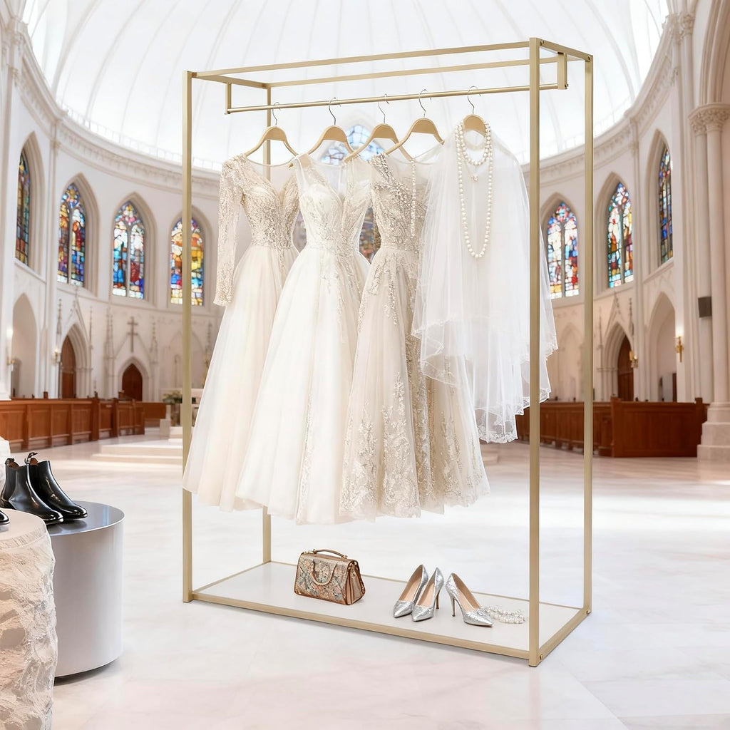 Retail Display Gold Clothing Racks with Shelves, Boutiques Garment Rack Wedding Dress Rack Heavy Duty Commercial Floor Standing for Clothing Store Studio,67 inch